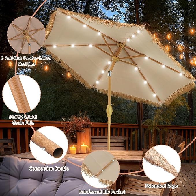 GDY 7.5 ft Tiki Patio Umbrella, Hula Thatched Umbrella with18 LED Sloar Ligths, Pool, Patio, Beach