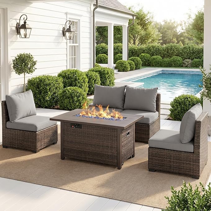 Patio Furniture Set with Fire Pit Table, Outdoor Sectional Rattan Sofa Set, Patio Set Seating Furniture with Thickened Cushions (Gray, 5 Pieces)