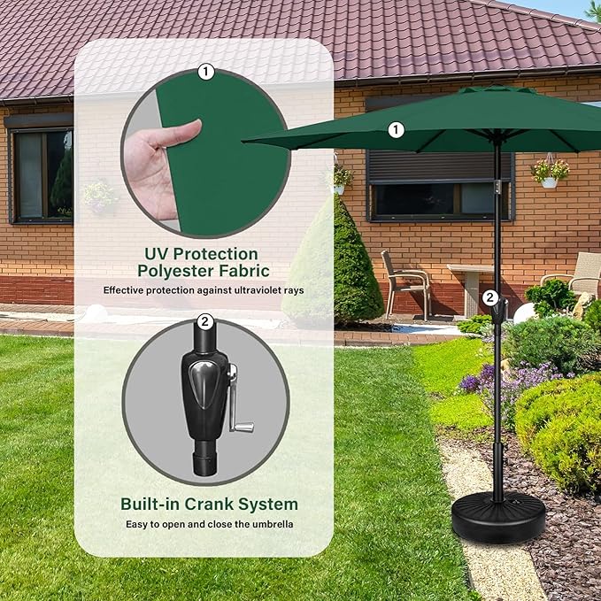 YSSOA 9' Patio Umbrella with 50lbs 20" Capacity Fillable Heavy Duty Round Base, 8 Sturdy Ribs, for Outdoor Lawn, Deck, Poolside, Green and Black