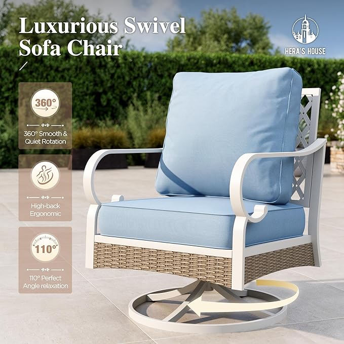 HERA'S HOUSE 6 Piece Metal Patio Furniture Set, All Weather Outdoor Conversation Set with 3-Seat Sofa, 2 Swivel Chairs, 2 Fixed Chairs & Coffee Table, 7 Seats for Backyard, Garden, Deck, White/Blue