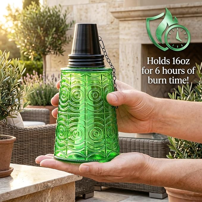 Seraphic Citronella Table Top Torches for Outdoor Patio, 16oz Decorative Glass Torch Citronella Candles for Outside Deck, Garden, Parties, Set of 3, Green