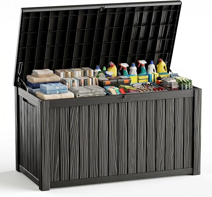 Waterproof Outdoor Storage Box Outside Deck Box Lockable Resin Bench UV Resistant Furniture Cushion Pool Tool Float Bin Patio Garden Porch (Black, 200 Gallon)