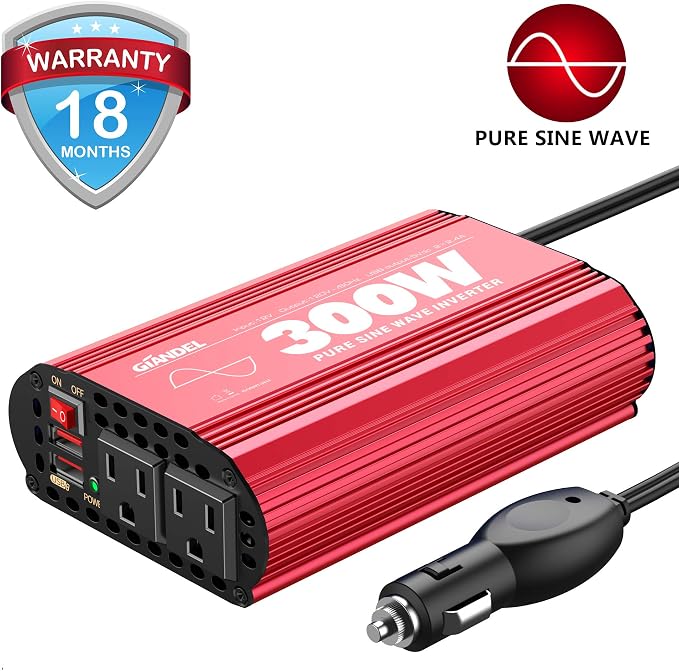 300Watt Pure Sine Wave Power Inverter DC 12volt to AC 120volt Car Converter Adapter with Dual USB Ports for Smartphones Laptops Tablets