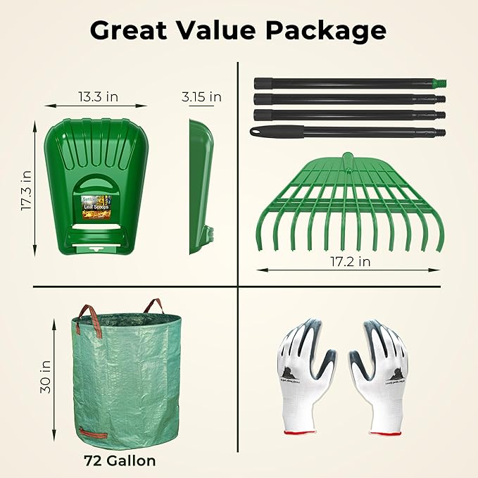 Gardzen Rake for Leaves and Hand Scoops Set, 67 inch Adjustable Long Handle, Crack Resistant Modified PE Rake & Scoops, Comes with Wrist Pads, 72 Gallon Bag, Gloves