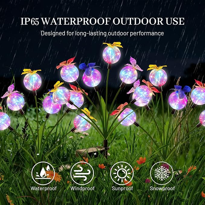 2 Pack Solar Outdoor Decorative Lights, Garden Lights Solar Powered with 12 Led Globe Lights and Butterflies, Gifts for Women Grandma, Solar Decorations for Garden Yard Lawn Ornaments (Butter Colored)