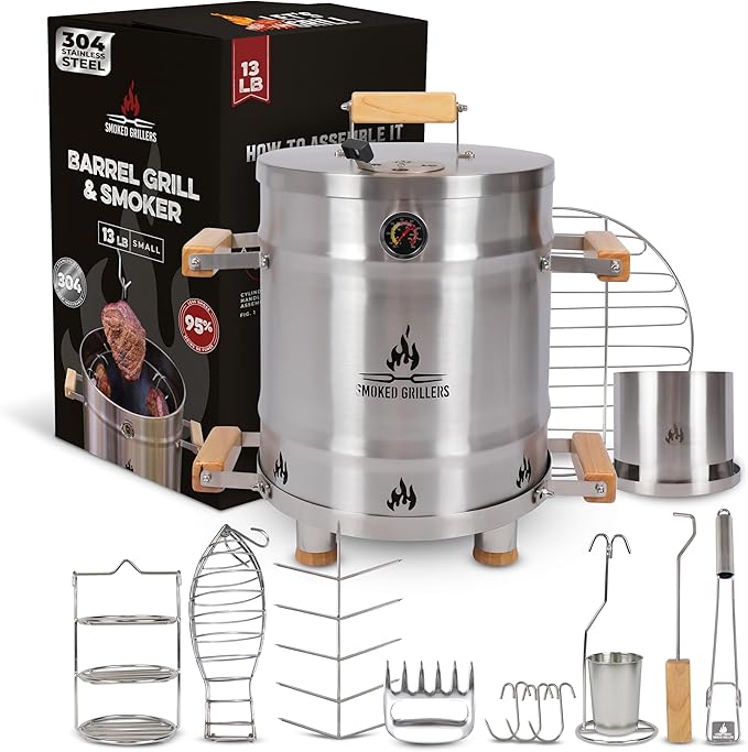 Barrel Smoker Grill Combo | 100% 304 Stainless Steel Barrel | 95% Less Smoke, Even Heat | Easy to Use & Clean – Vertical Smoker Ideal for Balconies and Backyards (SMALL-13 LBS)