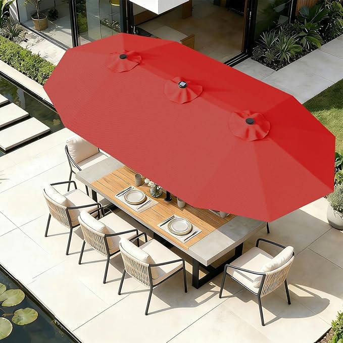 AreShark 13 FT Patio Umbrella with Solar Lights, Double-Sided Outdoor Table Umbrellas with Crank, Large Rectangular Market Umbrella for Porch, Lawn, Pool, Backyard, Red