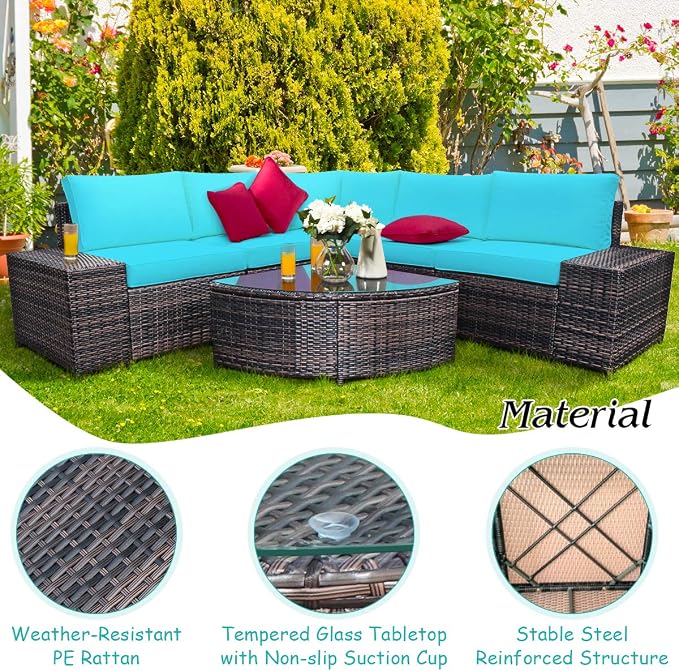 Tangkula 6 Piece Wicker Patio Furniture Set, Outdoor All Weather PE Rattan Conversation Set w/Tempered Glass Coffee Table, Sectional Sofa Set w/Comfortable Cushions for Backyard, Garden (Turquoise)