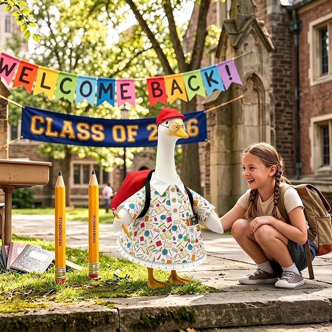 Back to School Porch Goose Outfit, Cute Porch Goose Clothes Costume with Backpack Hat Pencil Accessories, Lawn Goose Decor for Yard Garden Outdoor Porch Decoration