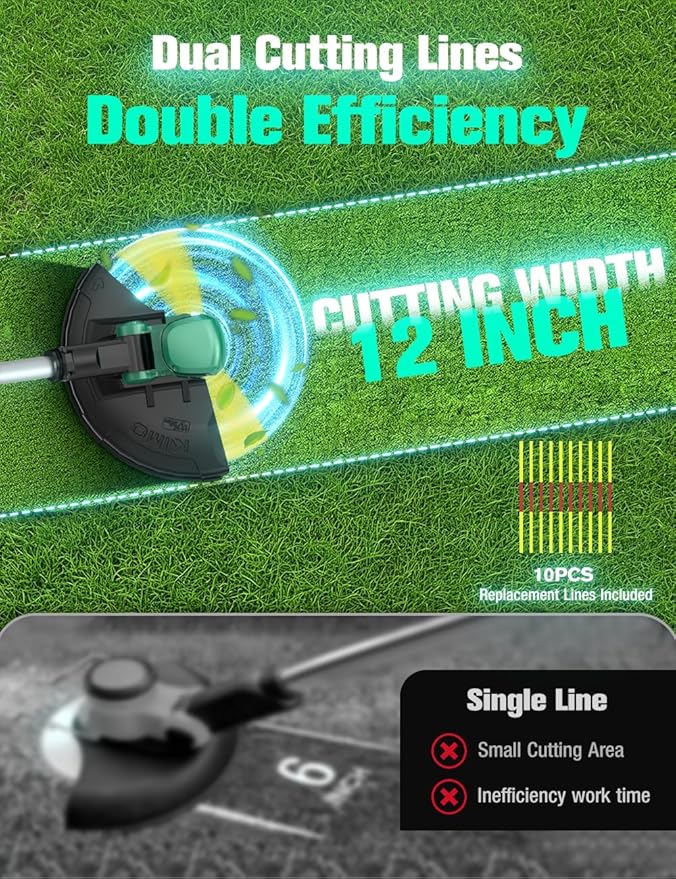 KIMO Cordless Weed Wacker Battery Operated w/ 2 x 2.0Ah Batteries, 12" Weed Eater w/10Pcs Dual-Sided Cutting Lines & Rapid Reload, 2-in-1 String Trimmer & Edger with Wheels, 20V Grass Trimmer for Lawn