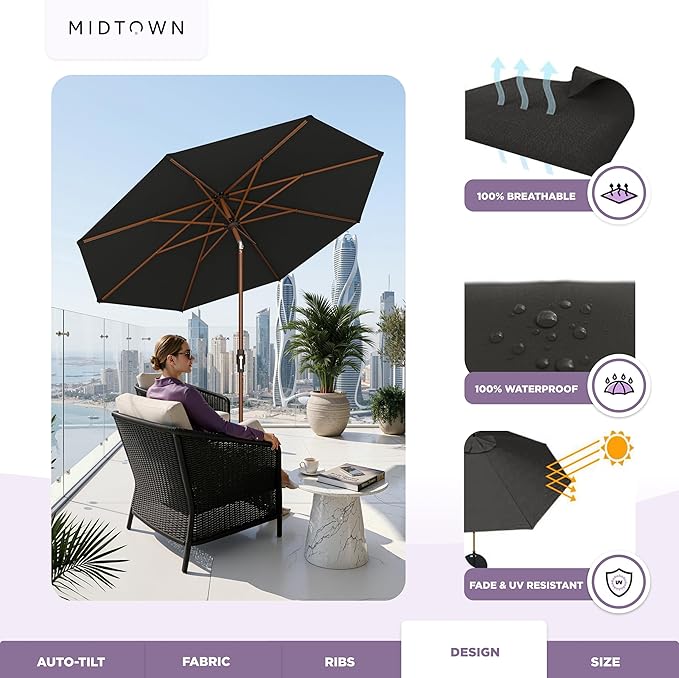 Midtown Umbrellas Wooden 2-8 Ft Patio Umbrella with 360° Swivel & Tilt Mechanism, 8 Fiberglass Ribs & Sunbrella Fabric - Outdoor Umbrella for Deck, Pool & Garden - Burgundy Canopy, Wooden Pole
