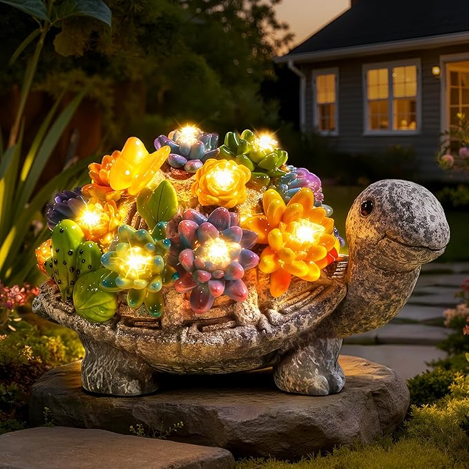Guhope Solar Garden Statues, Outdoor Solar Turtle Decor with Succulent and 8 LED Lights, Outside Yard Figurine Decor for Garden, Lawn, Patio, Balcony, Porch, Unique Gifts for Mom Grandma