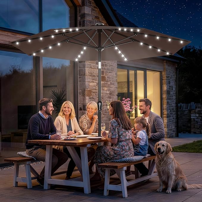 AreShark 9FT Patio Umbrella with Solar Lights, 32 Lighted Pool Umbrella w/Tilt and Crank, Outdoor Table Solar Umbrellas for Garden, Deck, Backyard, Pool and Beach, Light Brown