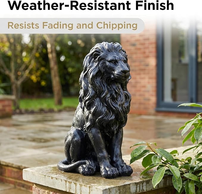 20.5" Black Lion Statue, Resin Outdoor Guardian Sculpture | Weather-Resistant Finish, Simulated Animal Decor, For Villa Garden Park Resort, Home Courtyard