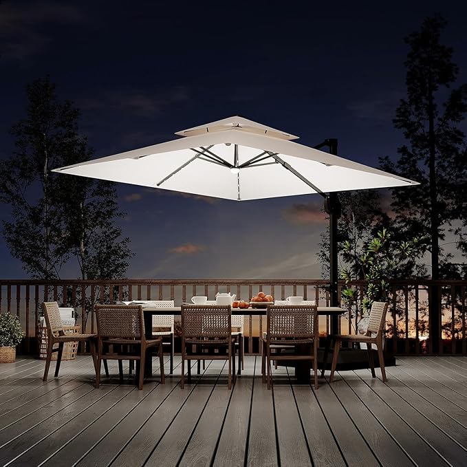 10x10 ft Double Roof Square Cantilever Patio Umbrella with Solar LED Lights & Cross Base – 360° Rotation, Heavy-Duty Sun Shade with Easy Tilt for Backyard, Poolside, and Garden Use, Navy Blue