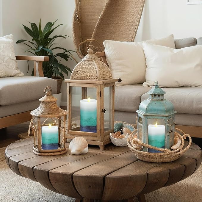 Baquler 3 Pcs Blue Teal Coastal Beach Pillar Candles Flameless LED Ocean Gradient Candles Battery Operated Decorative Flickering Candlestick for Wedding Home Seaside Nautical Party Decor