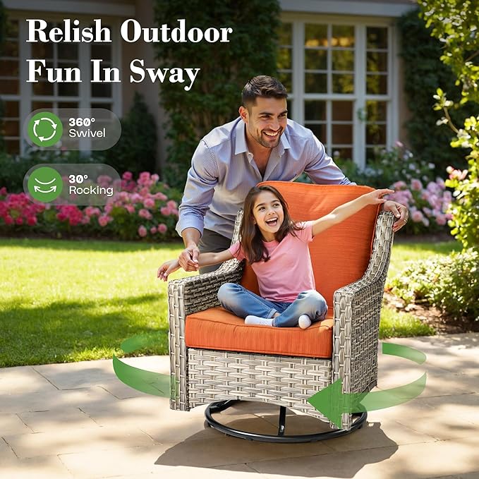 ovios 5 Piece Outdoor Patio Furniture with 3 Seat Sofa,Rattan Wicker Coversation Set with Swivel Rocking Chair,Balcony Sofa Set with Shiny Table for Outside Porch Backyard Pool, Orange