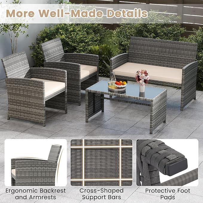 Tangkula 8 Piece Patio Wicker Furniture Set, Outdoor Heavy Duty Rattan Cushioned Chairs, Loveseat and Tempered Glass Coffee Table, for Backyard, Balcony, Poolside