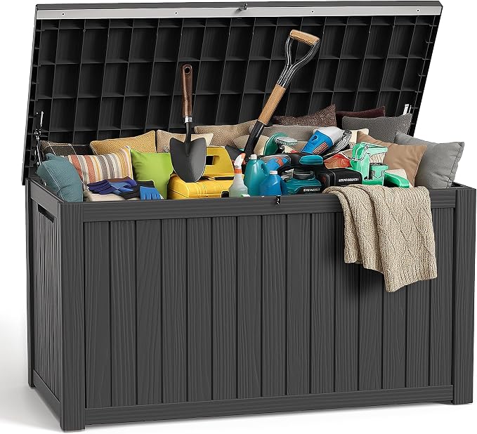 PatioZen 280 Gallon Large Deck Box,Resin Outdoor Storage Box with Lockable for Patio Furniture, Garden Tools Waterproof Outside Storage Box, Black