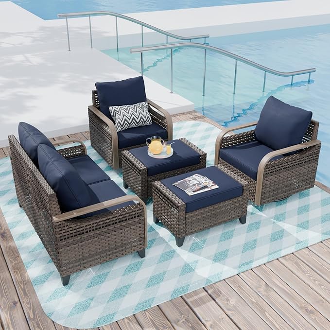 COOS BAY Modern Wicker Outdoor Furniture Set, 5 Piece Patio Conversation Set with 2 Swivel Rockers, a 3 Seat Couch and 2 Ottomans, 5 Piece, Brown/Blue