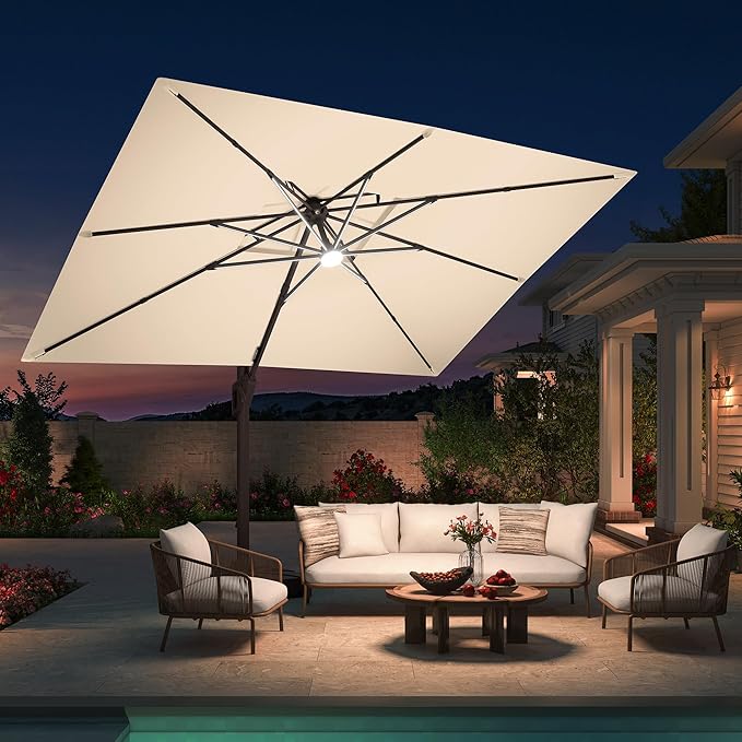 10 X 13 FT Cantilever Patio Umbrella with Led Lights Outdoor Rectangle Offset Large Double Top Heavy Duty Umbrellas with 360°Rotation for Pool Deck Backyard Garden, Beige