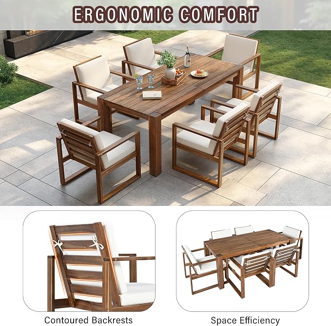 7 Piece Patio Dining Table Set with Umbrella Hole, Outdoor Acacia Wood Furniture Set with Removable Cushion for Garden, Backyard, Lawn, Poolside (Beige,Mocha)