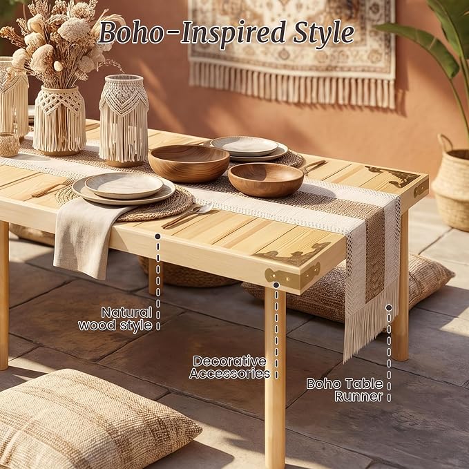 Low Picnic Table with 2 Adjustable Heights – Boho Wooden Picnic Table with Table Runner, 79" x 32" Size for 8, Portable & Foldable for Beach, Camping & Forest