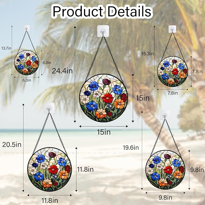 Stained Glass Suncatcher, Colorful Flowers Green Leaf Sun Catcher Landscape Stain Glass Window Hanging Decoration Mother's Day Birthday Gifts for Women Men Mom Nana 7.8 in