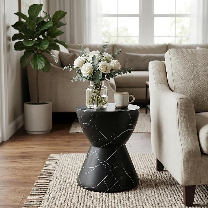 Outdoor Side Table Faux Marble End Table Faux Stone Side Tables Travertine Small Coffee Tables for Indoor Outdoor, Garden Stool Plant Stand for Porch, Backyard Patio, 15"*19" Black