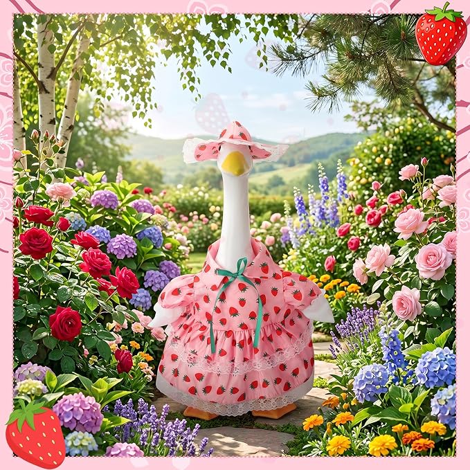 Porch Goose Outfit, 23" Porch Goose Clothes with Strawberry Skirt and Hat for Spring Summer Party Outdoor Patio