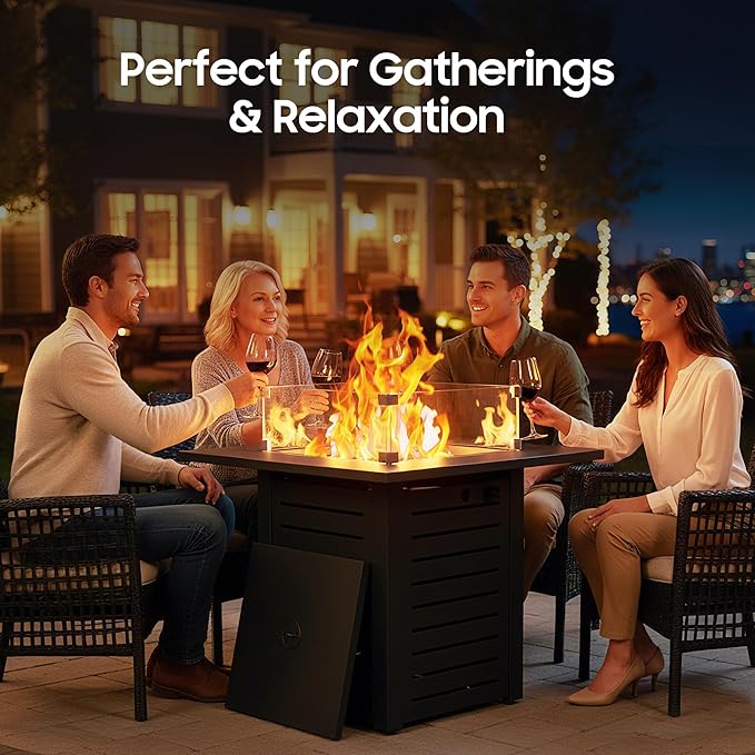 5-Piece Patio Furniture Set with Fire Pit Table & Coffee Table & Removable Washable Cushions, All-Weather Metal Frame and Wood-Like Armrests for Porch, Garden, Balcony,Beige