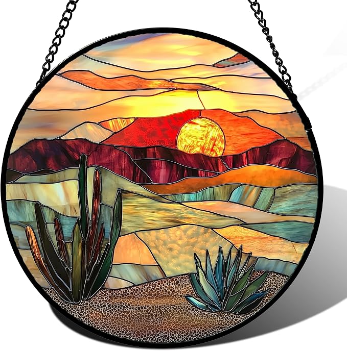 DASTOLL Stained Glass Window Hanging, Golden Landscape Dusk Sunset Suncatcher for Doors Window Home Cactus Sun Catchers Decoration Mother's Day Birthday Gifts for Women, Men, and Mom 11.8 in