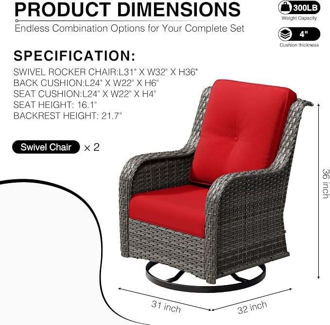 Joyside Swivel Patio Chairs Set of 2, Wicker Patio Furniture with High Back, Deep Seating, Wide Armrest, Thickened Cushions, Outdoor Rattan Furniture for Deck, Porch Use