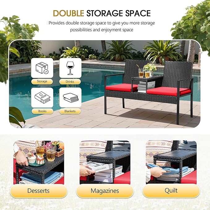 Devoko Patio Conversation Sets Outdoor Loveseat with Built-in Table & Cushions Wicker Patio Furniture Porch Chairs Bench for Lawn, Backyard, Balcony (Red)