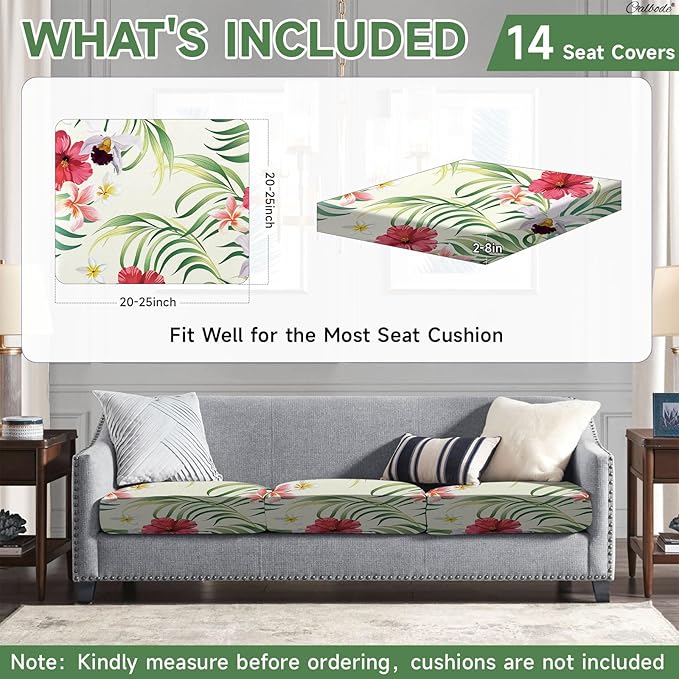 CALBODE 14 Pcs Stretch Outdoor Seat Cushion Covers, Washable Chair Seat Cover for Patio Furniture Cushions Soft Indoor and Outdoor Couch Cover Replacement (Tropical Floral, Beige,Cover Only)