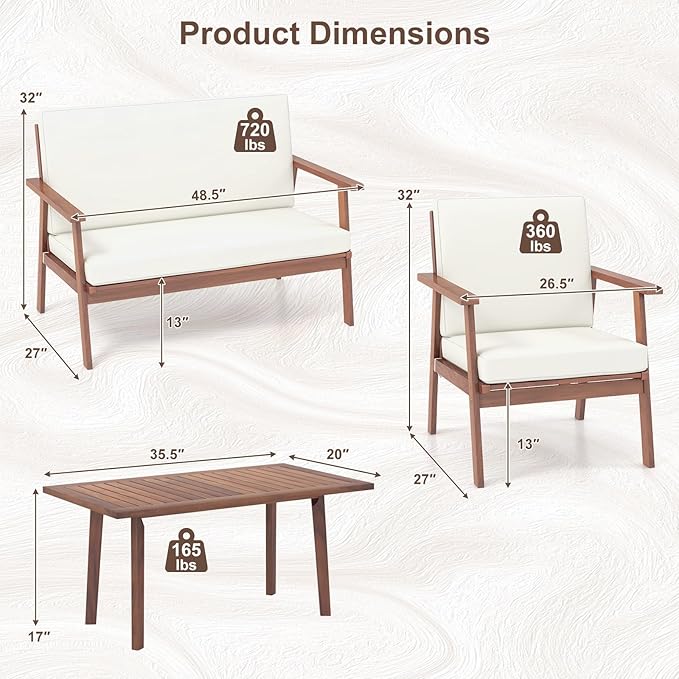Tangkula 4 Piece Outdoor Conversation Set, Acacia Wood Sofa Set with Soft Seat & Back Cushions, Rectangle Coffee Table Patio Wood Furniture Set for Backyard, Poolside, Garden (1, Off White)