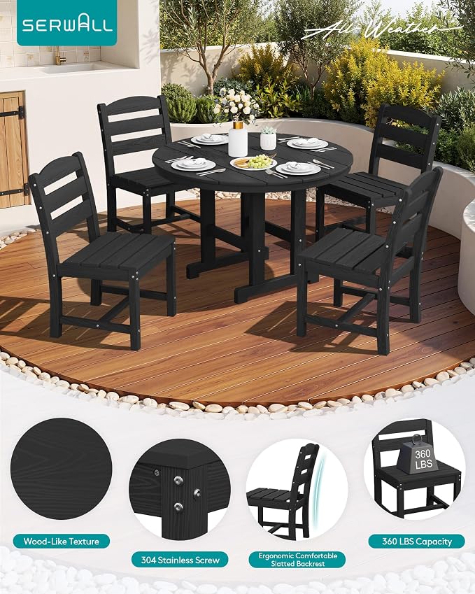SERWALL Outdoor Round Dining Sets with Umbrella, HDPE Patio Table and Chairs Furniture Set, 45" Round Dining Table & 4 Armless Dining Chairs & 1 9FT Umbrella, Black(Not Include Umbrella Base)