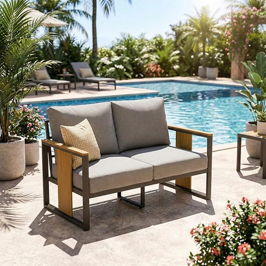 ZANDOR Outdoor Aluminum Patio Furniture Loveseat All-Weather Outdoor Patio Sofa with Washable Thick Cushions, Patio Sectional Furniture for Porch, Balcony, Deck, Backyard