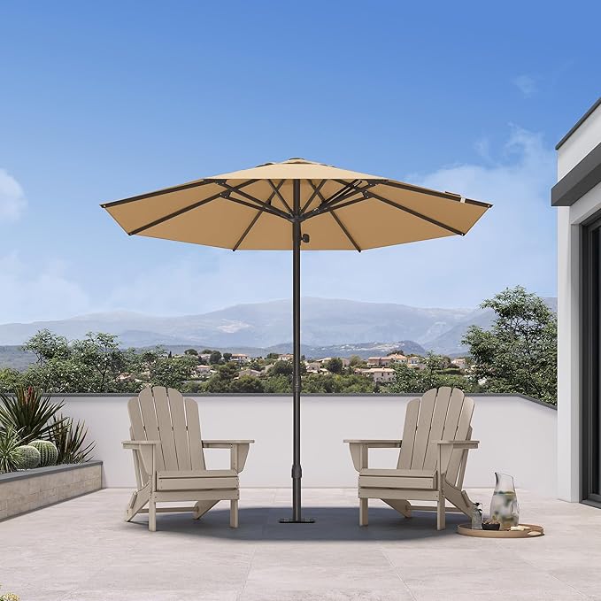 PURPLE LEAF 9Ft Round Semi-Auto Outdoor Patio Umbrella Aluminium Market Umbrella Table Sun Umbrella with 1.89" Rod and 8 Sturdy Ribs for Deck Lawn Pool Garden, Beige