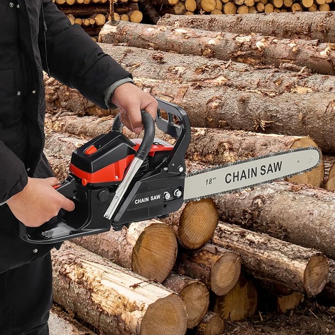 18 Inch Gasoline Chainsaw, 58cc 2-Stroke Handheld Gas Chainsaw with 2.2Kw Power, 12.5ft/s Chain Speed, 2-Stroke Engine, Dual Safety Switch for Wood Cutting, Garden Pruning, Tree Trimming