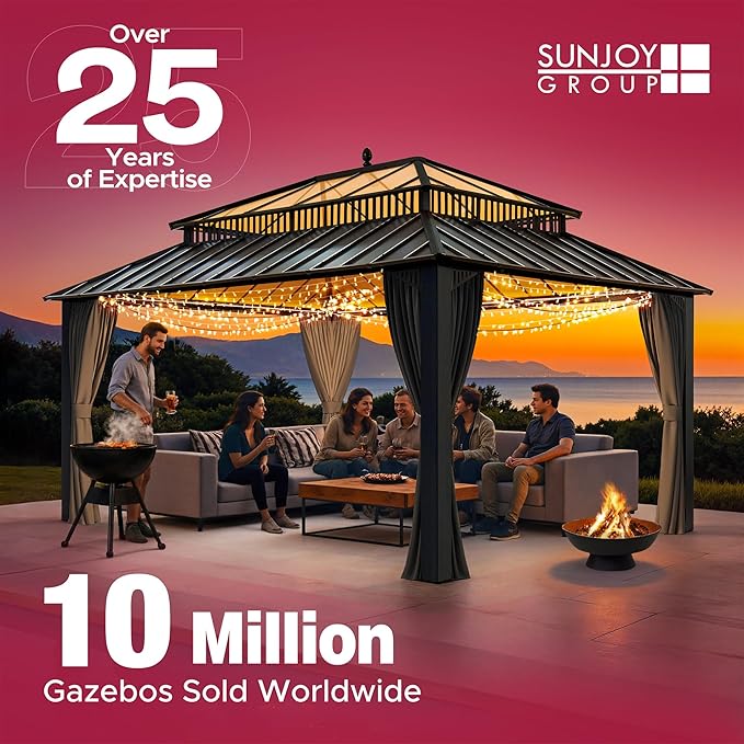 Sunjoy Wooden Grill Gazebo with Solar Power, 8 x 12 ft. Hardtop Gazebo for Year-Round Grilling, Outdoor Cedar Frame Cooking Shelter with Decorative Fence for Backyard BBQs Party, Brown
