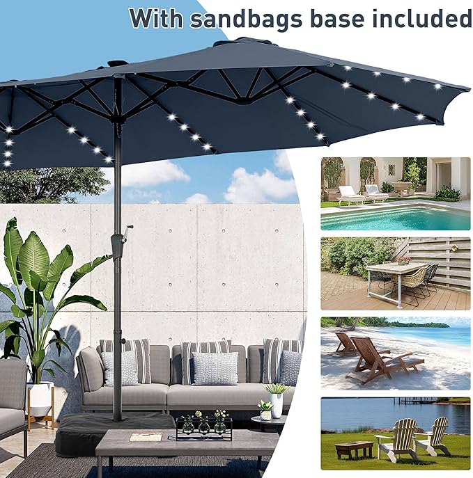 15 ft Patio Umbrella with 48 LED Lights, Large Rectangle Outdoor Solar Umbrella with Matching Base, Strap, Crank, Navy Blue