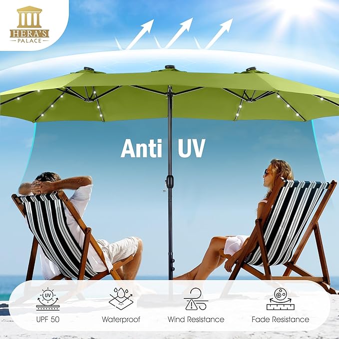 HERA'S PALACE 15ft Patio Umbrella with Base Included Double Sided Outdoor Umbrella for Patio Table Umbrella Outdoor 36 LED Solar Lights for Garden