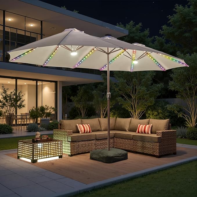 15ft Patio Umbrella with Base Included, Rectangle Double Patio Umbrellas with Crank Handle 12 Ribs, Heavy Duty Large Table Umbrella for Pool Deck Garden Party Commercial
