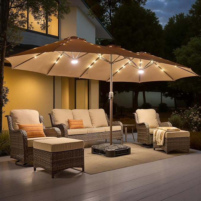 15ft Large Patio Umbrellas with Base & Solar Lights,Outdoor Rectangle Double-Sided Market Umbrella with Stand & 38 LED Lights,Outside Umbrellas for Poolside Deck Backyard (Beige/Tan)