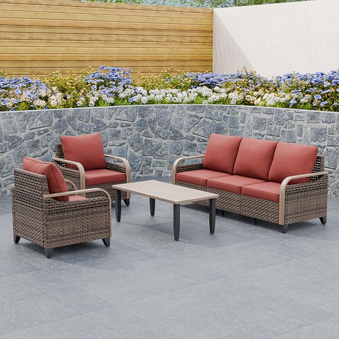 Modern Wicker Patio Furniture Set, Rattan Outdoor Conversation Set with Comfortable Cushions, 2 Patio Chairs, 3 Seat Couch and Coffee Table, 4 Pieces, Brown/Red