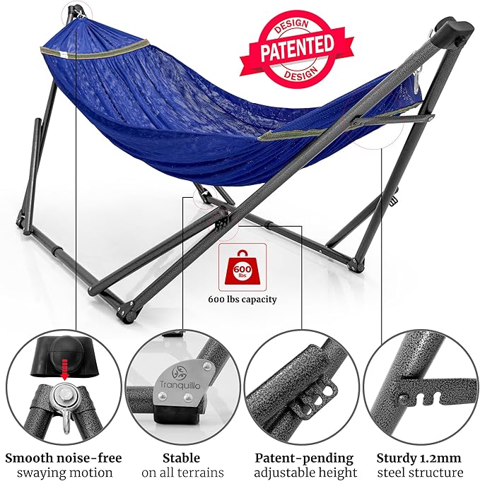 Tranquillo Combo x2 Hammocks with Stand for Outside & Tree Straps, Heavy Duty Hammock with Stand 600lbs for Indoor Outdoor Patio Backyard, x2 Hammocks for 2 Person (Combo - Blue, Medium)