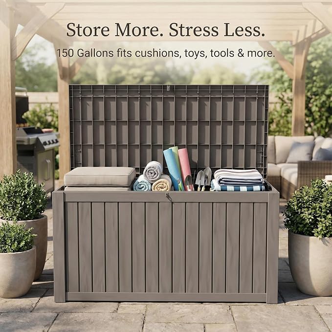 FEFLO 150 Gallon Outdoor Storage Box, Waterproof & Dustproof Resin Deck Box | UV-Resistant & Lockable Lid, Heavy-Duty Weatherproof Outside Storage Box for Patio Cushions, Garden Tools, Pool Accessories