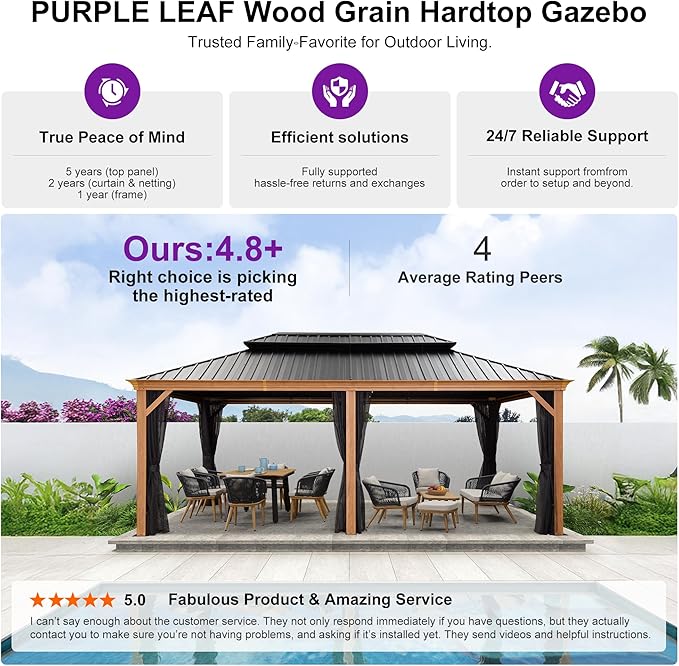 PURPLE LEAF 12' X 20' Outdoor Hardtop Gazebo for Patio Galvanized Steel Double Roof Permanent Canopy Teak Finish Coated Aluminum Frame Pavilion Gazebo with Netting