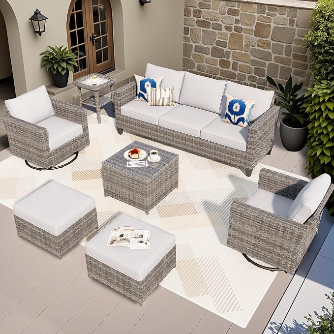 ovios 7 Pieces Patio Furniture Set, Outdoor Wicker Rattan Sofa Couch with Swivel Glider Chairs Glass Table Comfy Cushions Modern Conversation Set for Backyard Porch, Grey